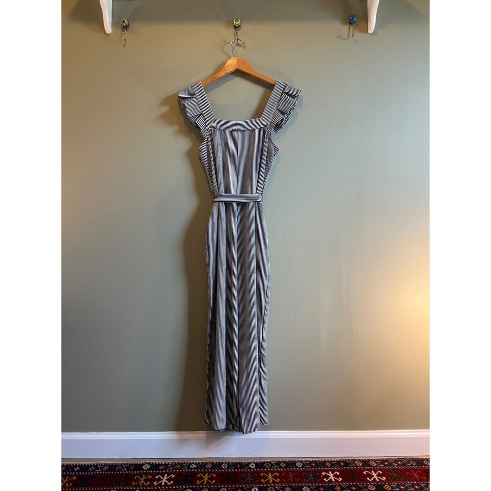 Monteau Los Angeles Striped Ruffle Sleeve Wide Leg Jumpsuit Navy White XS NEW - Picture 3 of 4